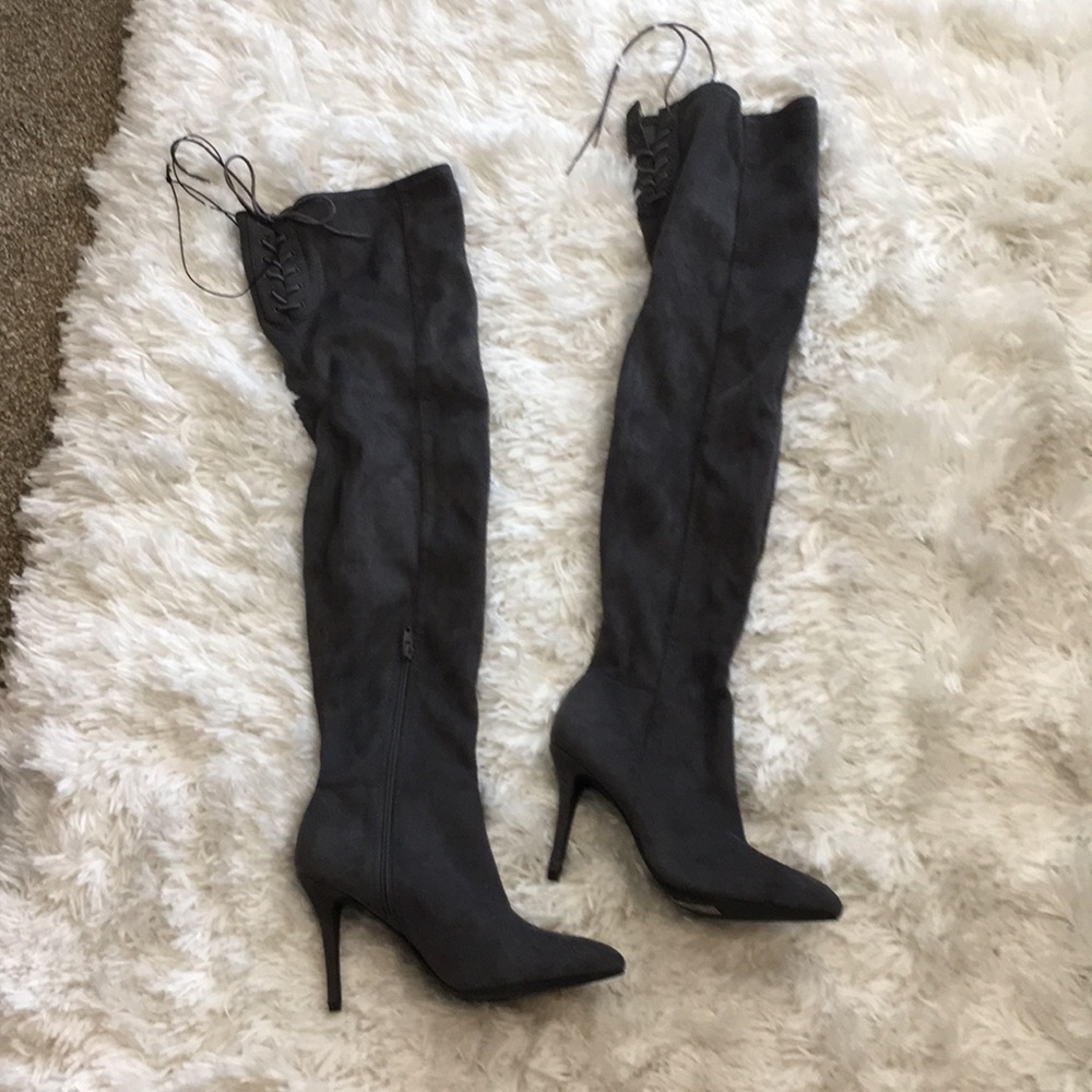 Faux suede over the knee lace up boots